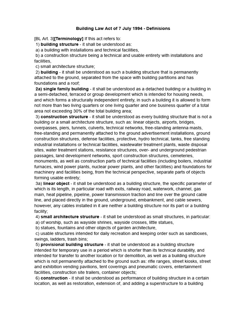Building Law Act of 7 July 1994 - Definisions | PDF | Building | Room