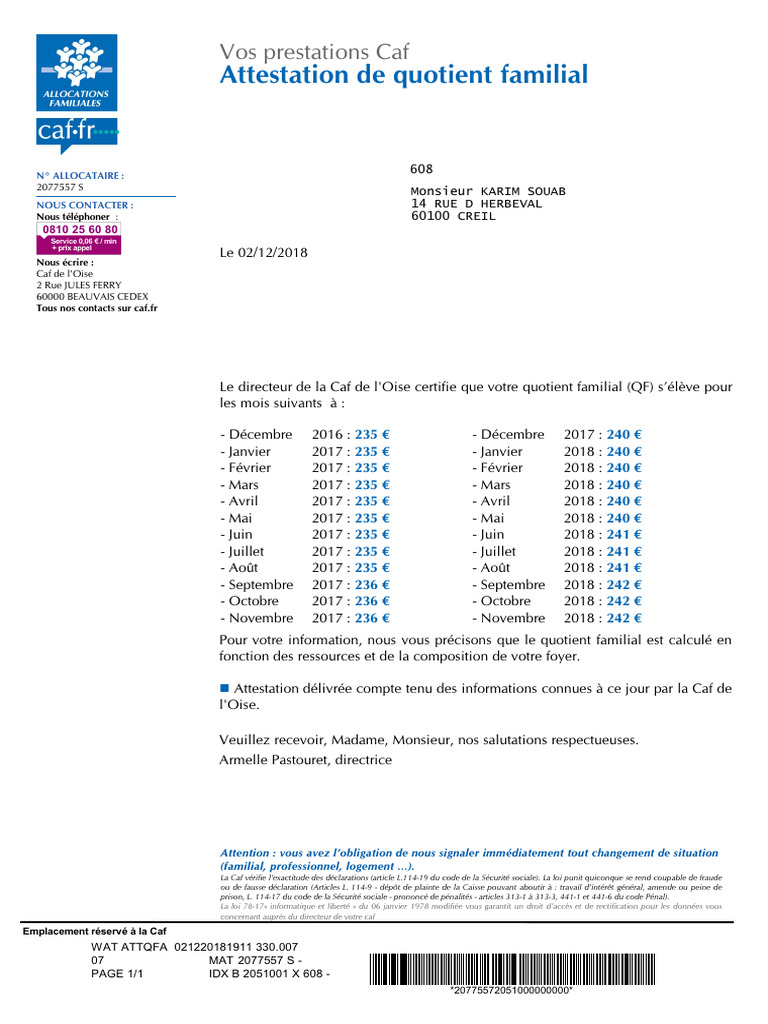 Attestation de Quotient Familial Caf | PDF | Justice | Crime et violence
