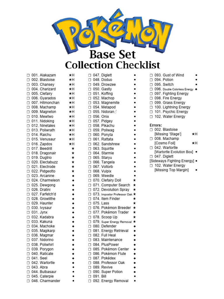 pokemon base set unlimited card list TCG 2 Binder Placeholder and Checklist Master Digital Download Pokmon Base Set Checklist PDF