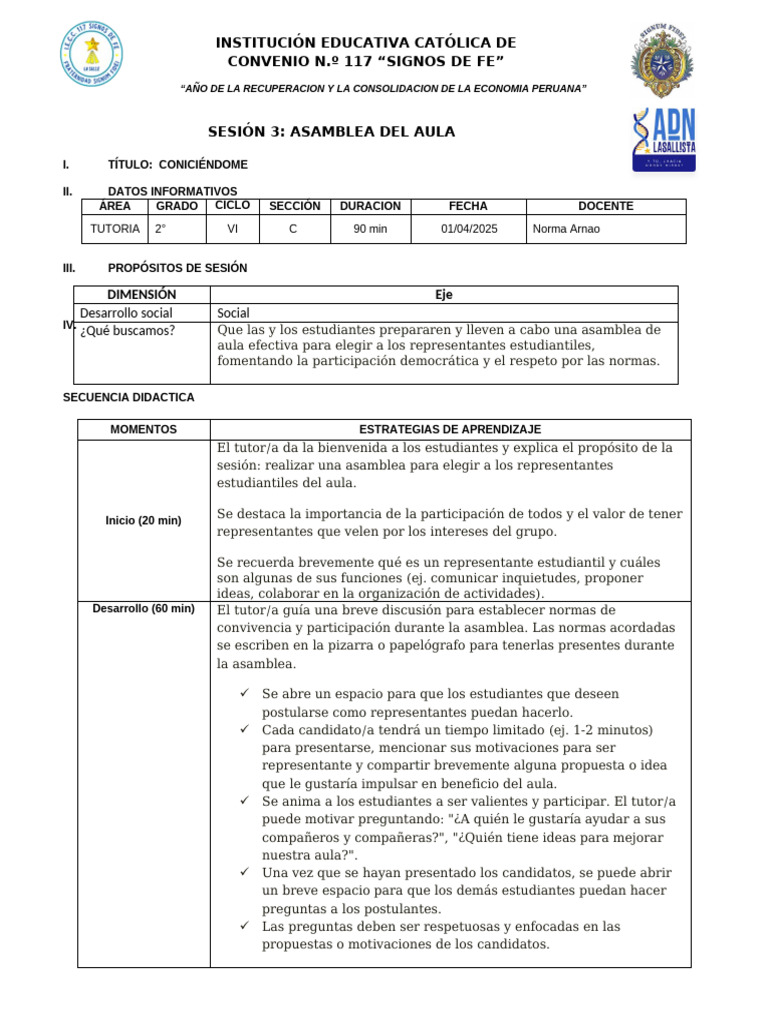 Sesion 3-Asamblea Del Aula | PDF | Salón de clases | Aprendizaje