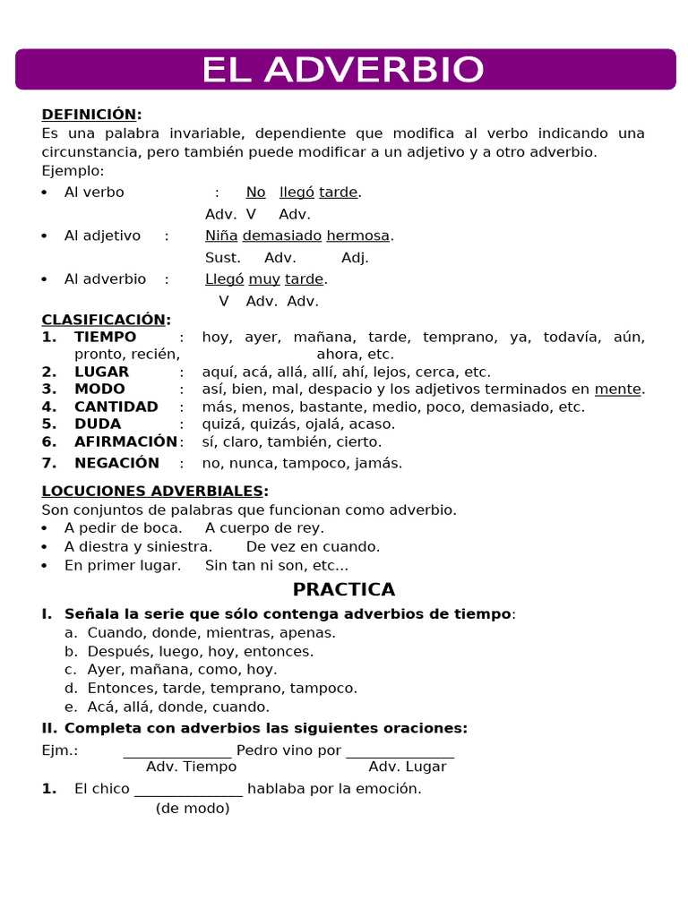Adverbios: Definición y Ejercicios para Primaria | PDF | Adverbio ...