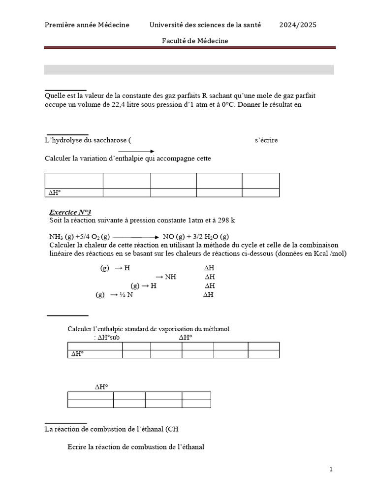 Exercices de Thermochimie en Médecine | PDF | Thermodynamique | Chimie