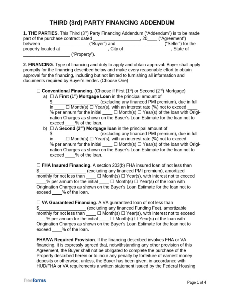 FHA Third Party Financing Addendum | PDF | Mortgages | Federal Housing ...