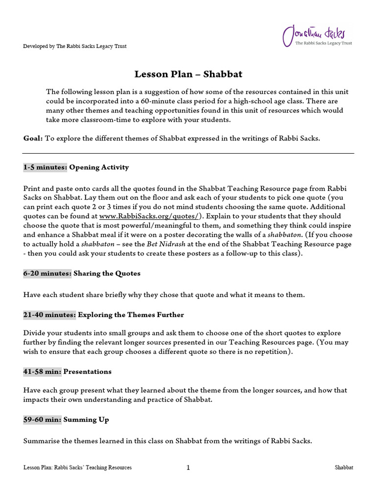 Shabbat Unit 1 Hour Lesson Plan | PDF