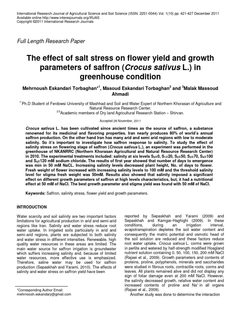The Effect of Salt Stress On Flower Yield and Growth Parameters of ...