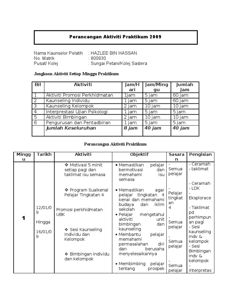Perancangan Aktiviti Praktikum 1 Pdf