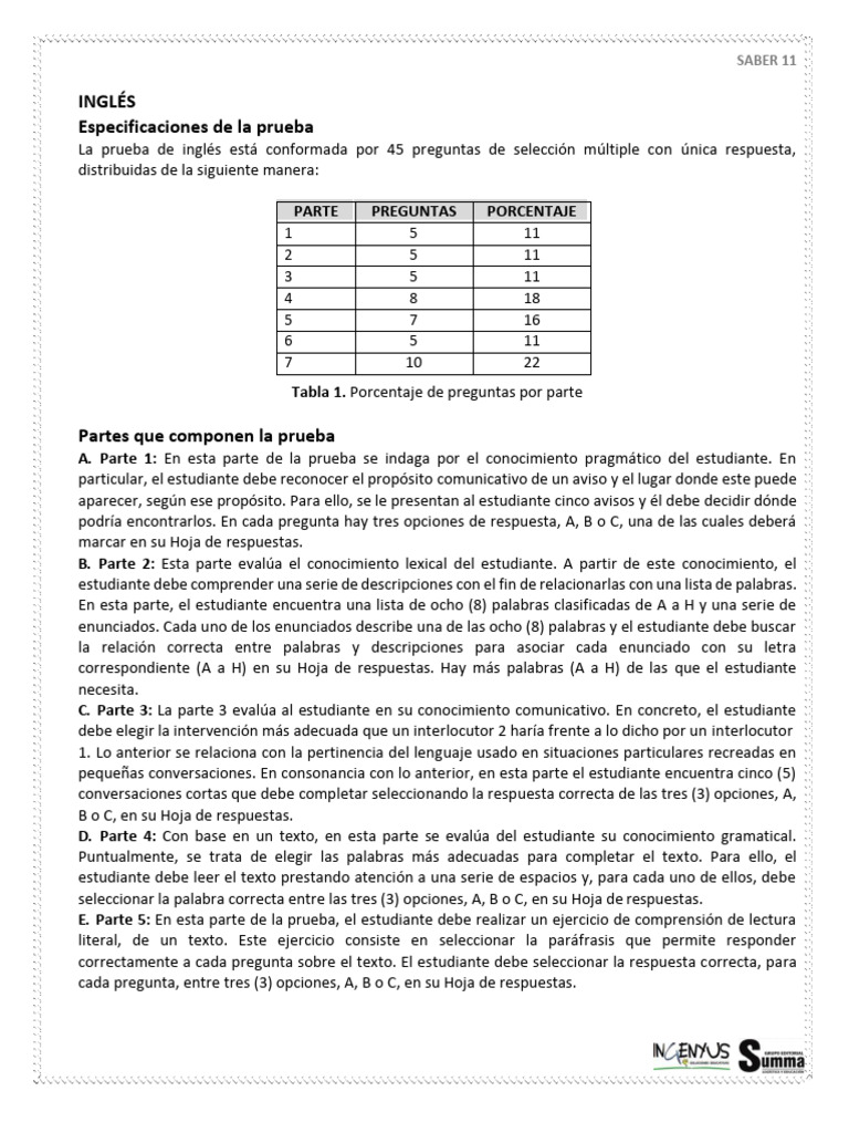 Prueba de Inglés SABER 11: Especificaciones | PDF | Comunicación ...