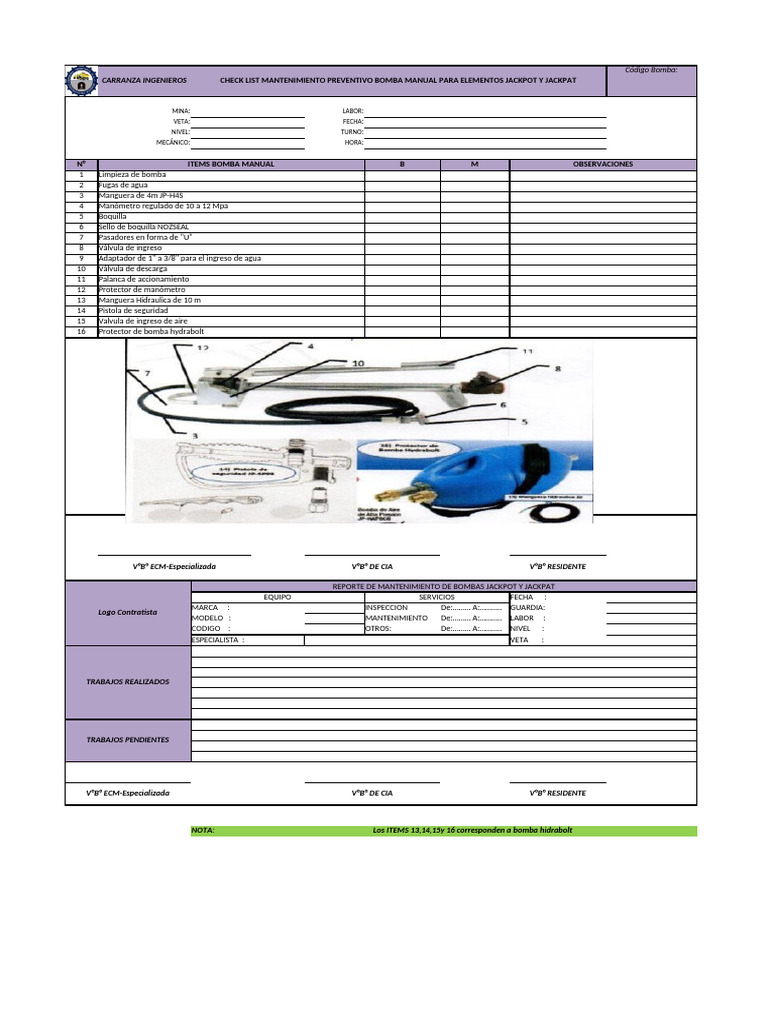 Checklist Mantenimiento Bomba Manual Jackpot | PDF | Mecánica de ...