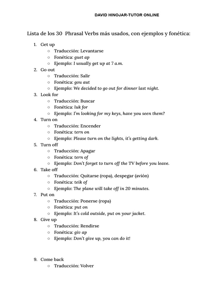 30 Phrasal Verbs Esenciales en Inglés | PDF