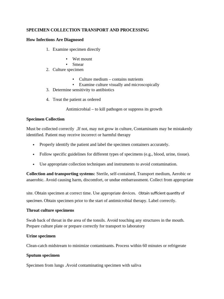 Specimen Collection and Processing Guide | PDF | Infection | Growth Medium