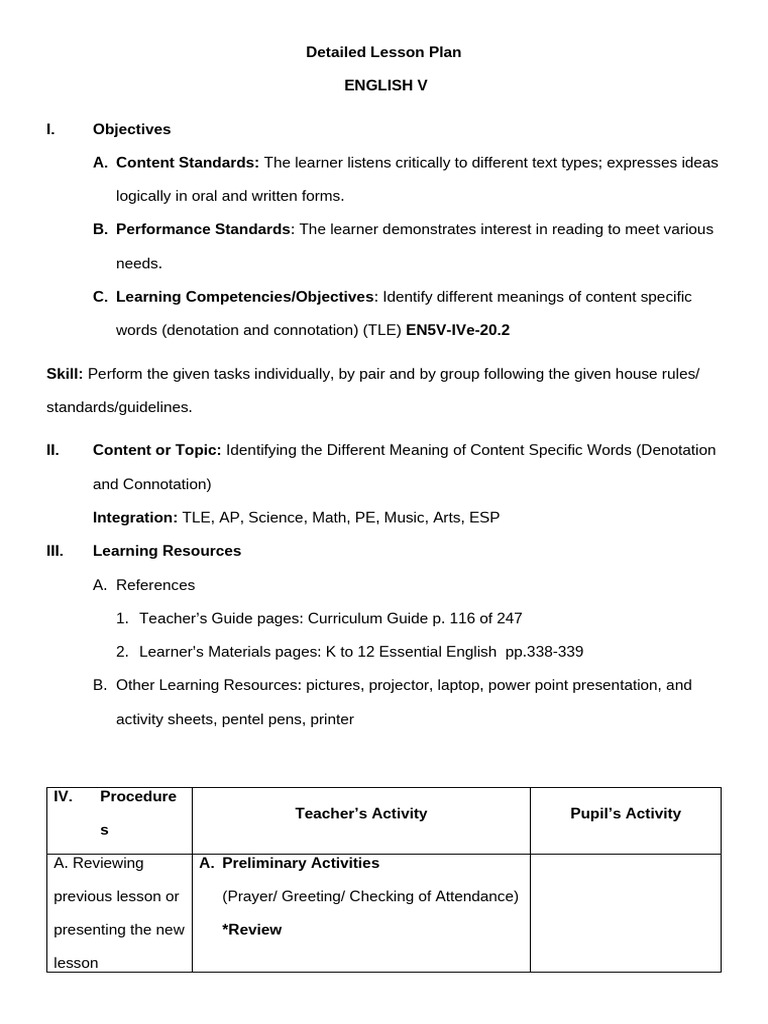 Lesson Plan on Denotation and Connotation | PDF | Lesson Plan | Learning