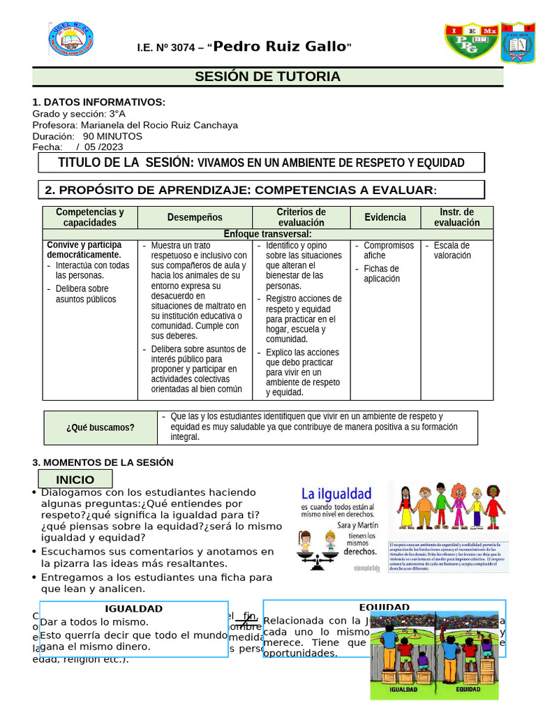 Sesión de Tutoria Vivamos en Un Ambiente de Respeto y Equidad | PDF ...