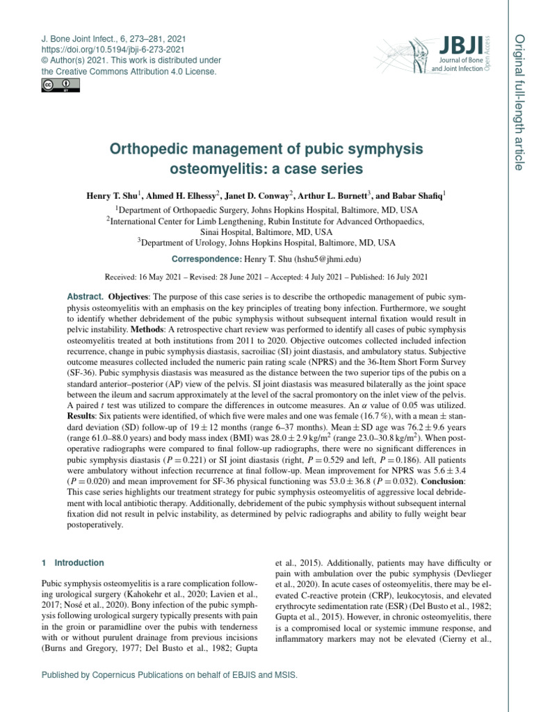Orthopedic Management of Pubic Symphysis Osteomyelitis - A Case Series ...