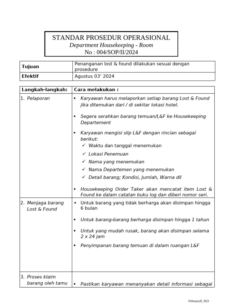 Sop Hk 004 Lost Found Procedure Pdf