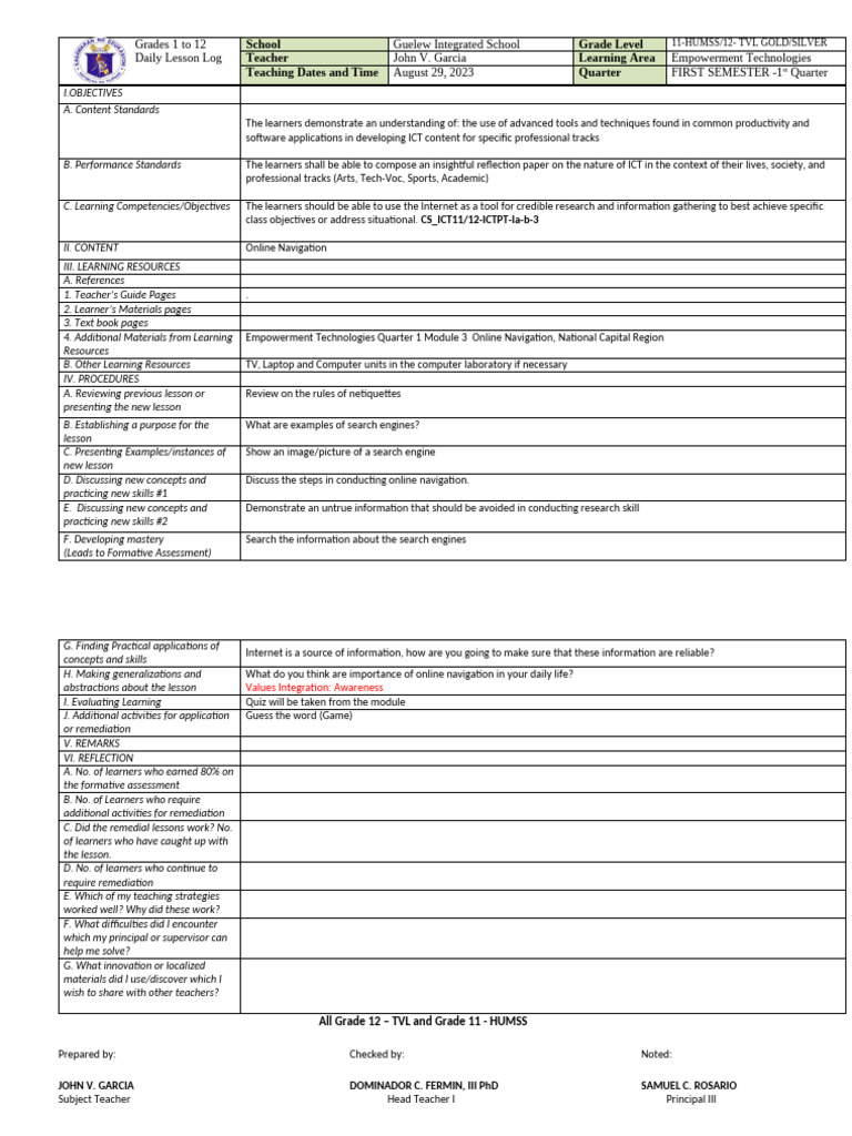 Daily Lesson Log: Empowerment Tech 11-12 | PDF | Learning | Educational ...