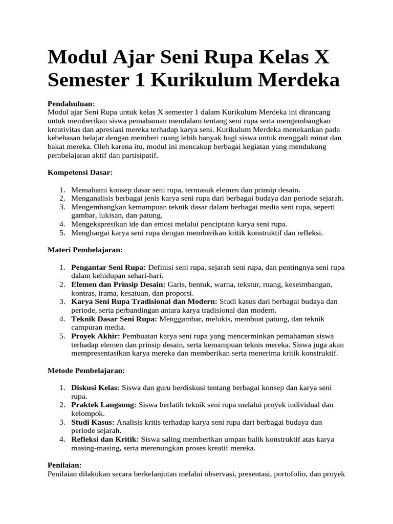 Modul Ajar Seni Rupa Kelas X Semester 1 | PDF