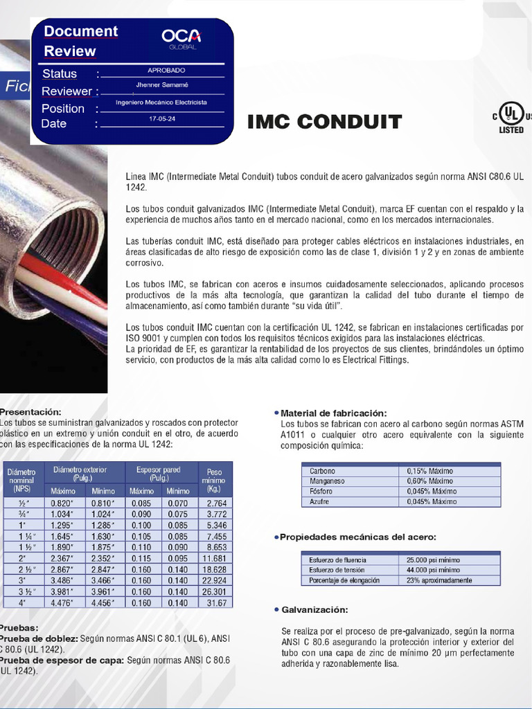 Ficha Tecnica de Tuberia Conduit Imc | PDF