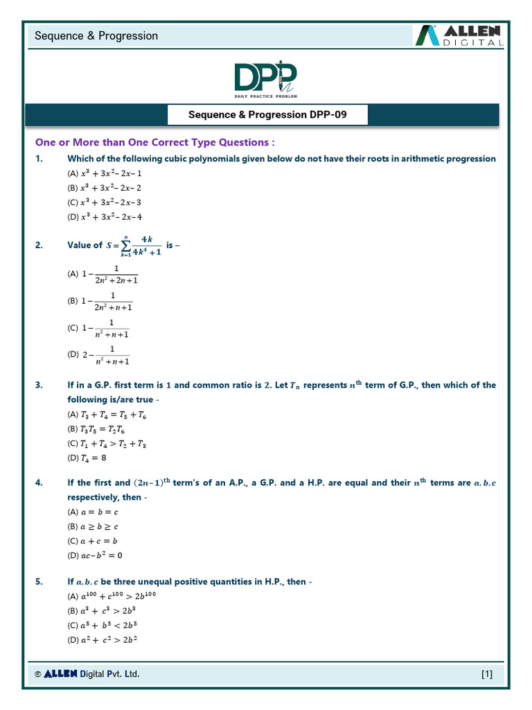 DPP-9 - Sequence & Progression | PDF | Mathematical Objects ...