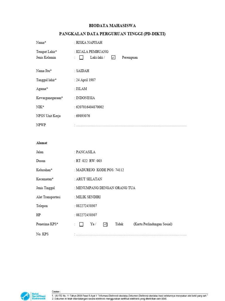 Biodata Mahasiswa Riska Napisah | PDF