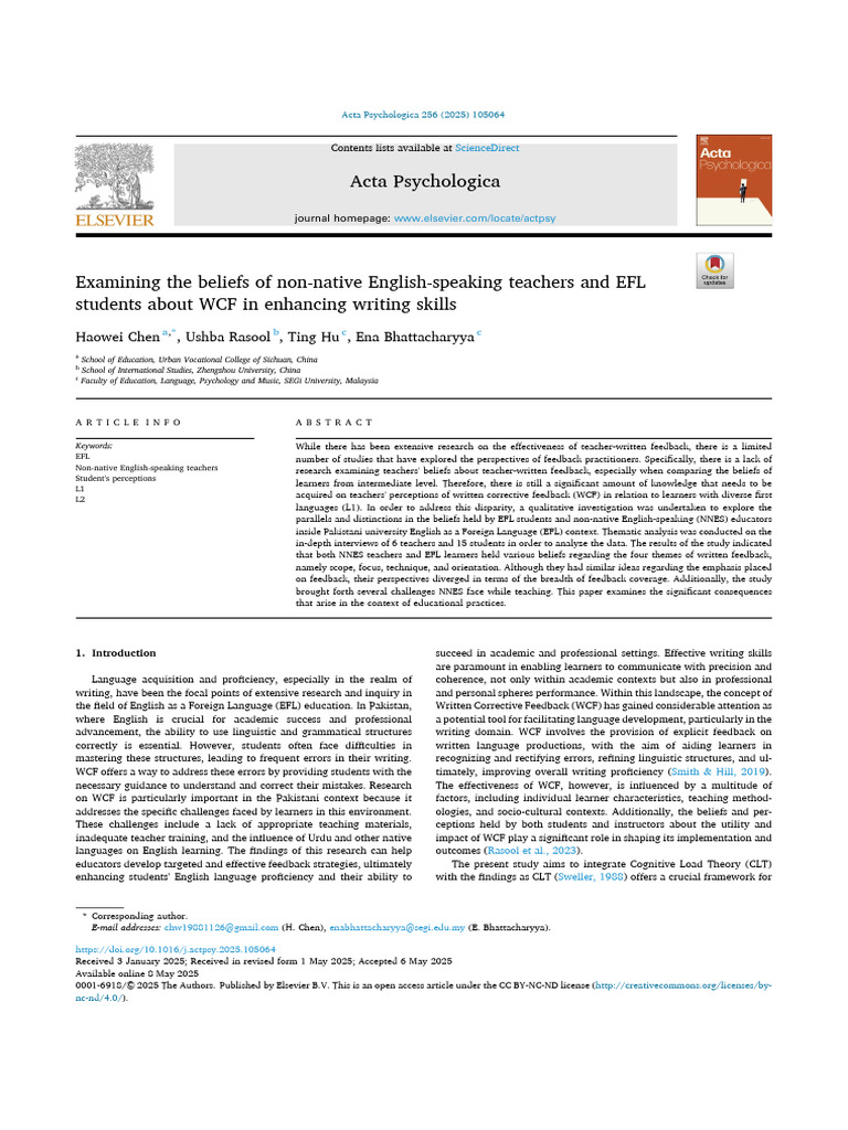 WCF Beliefs of NNES Teachers and EFL Students | PDF | English As A ...