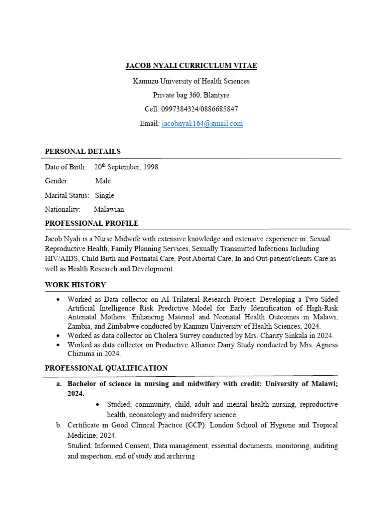 Jacob Nyali Nurse Midwife CV | PDF | Midwifery | Malawi