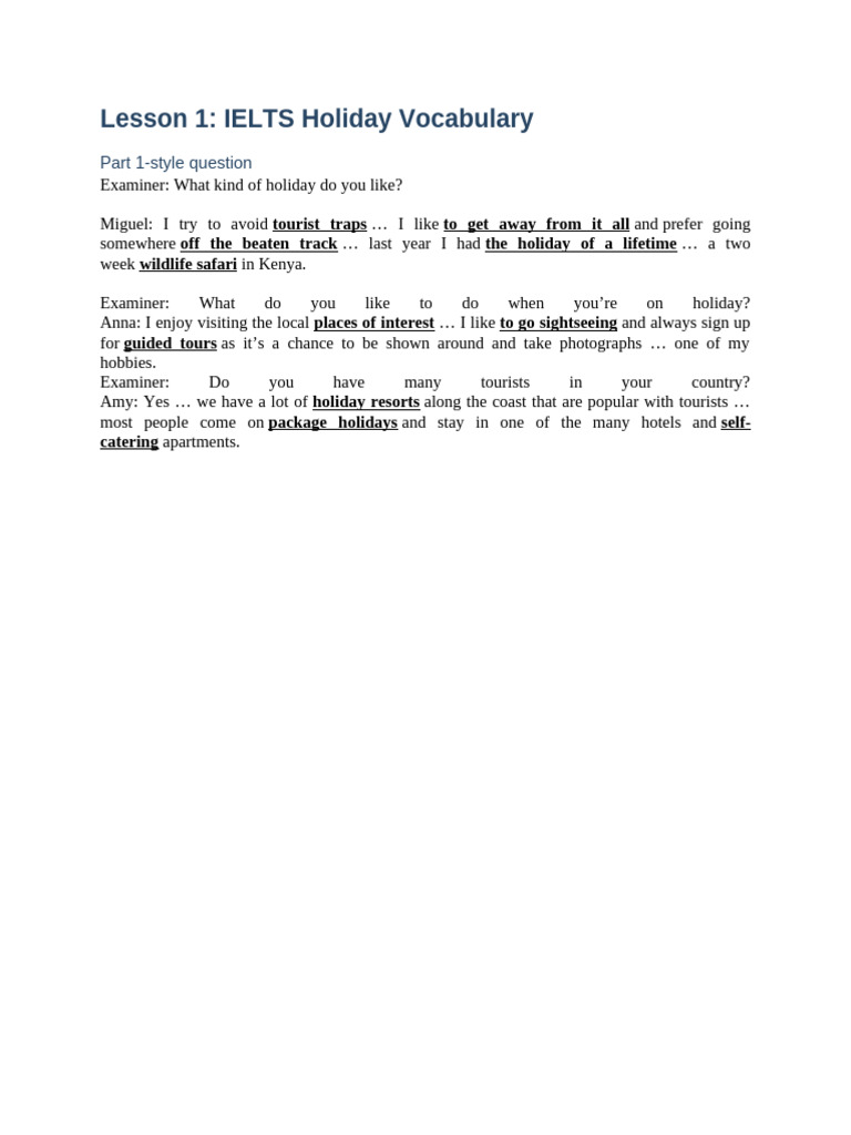 Ielts Holiday Vocabulary Guide Pdf