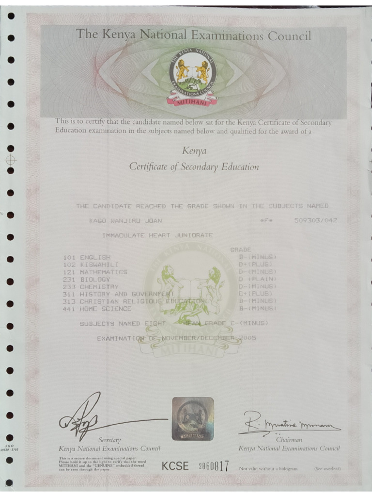KCSE Certificate | PDF