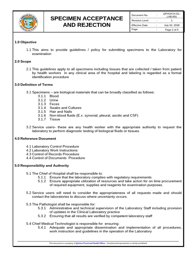 Specimen Acceptance Criteria Guide | PDF | Clinical Medicine | Medical ...