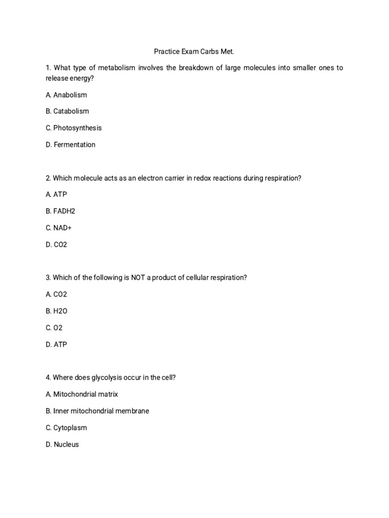 Carbohydrate Metabolism Practice Exam | PDF | Cellular Respiration ...