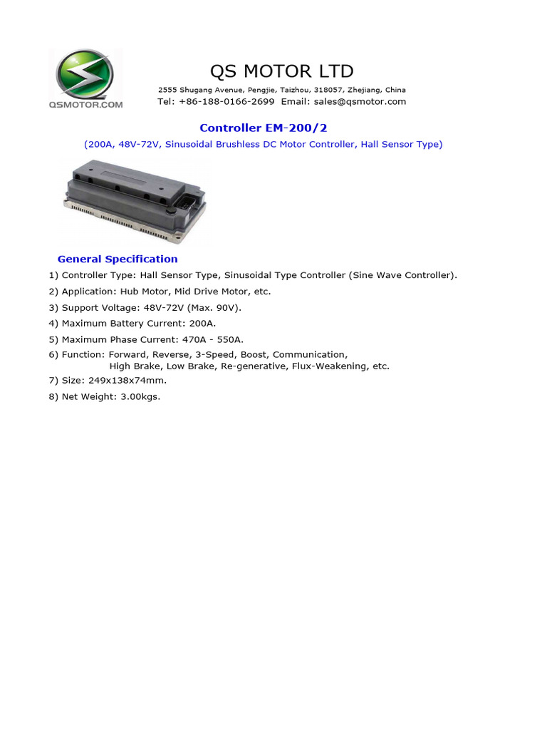 200A Sinusoidal Motor Controller Specs | PDF