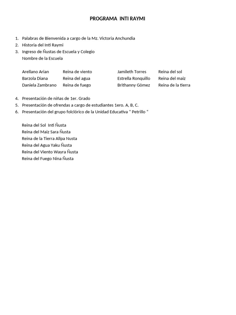 Programa Inti Raymi | PDF