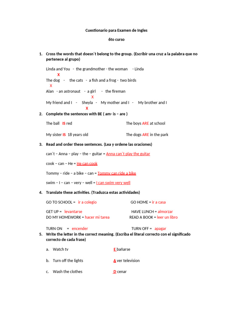 Cuestionario para Examen de Ingles 6to Grado | PDF | Linguistics | Syntax