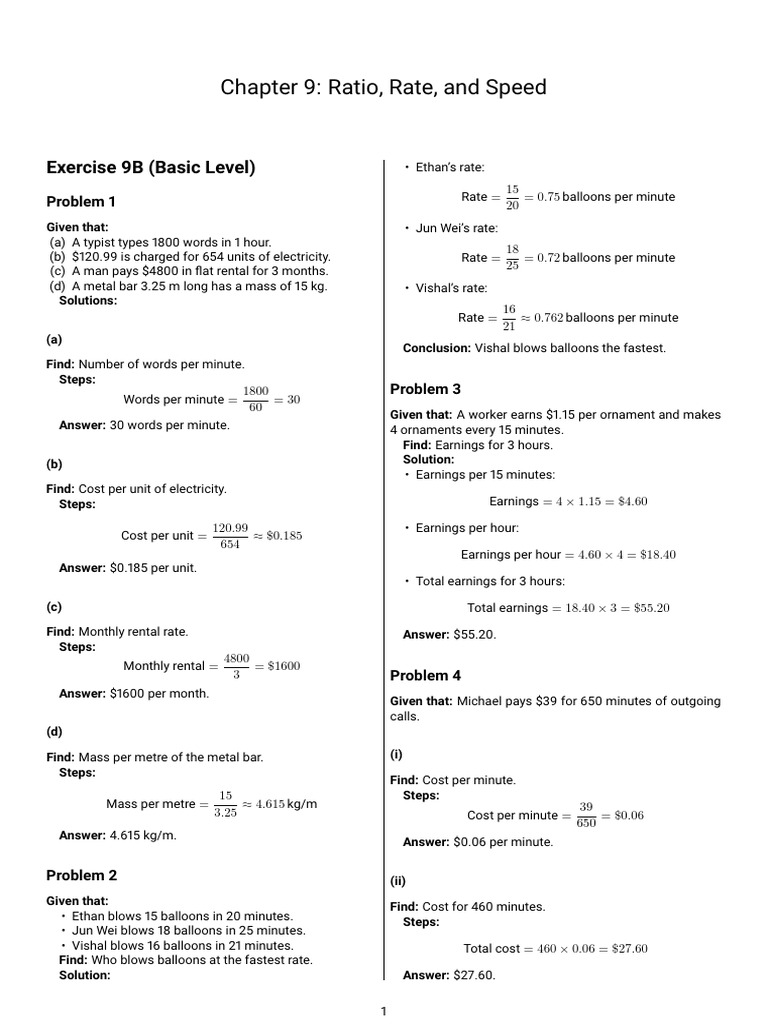 Ratio, Rate, and Speed Exercises | PDF | Overtime | Litre
