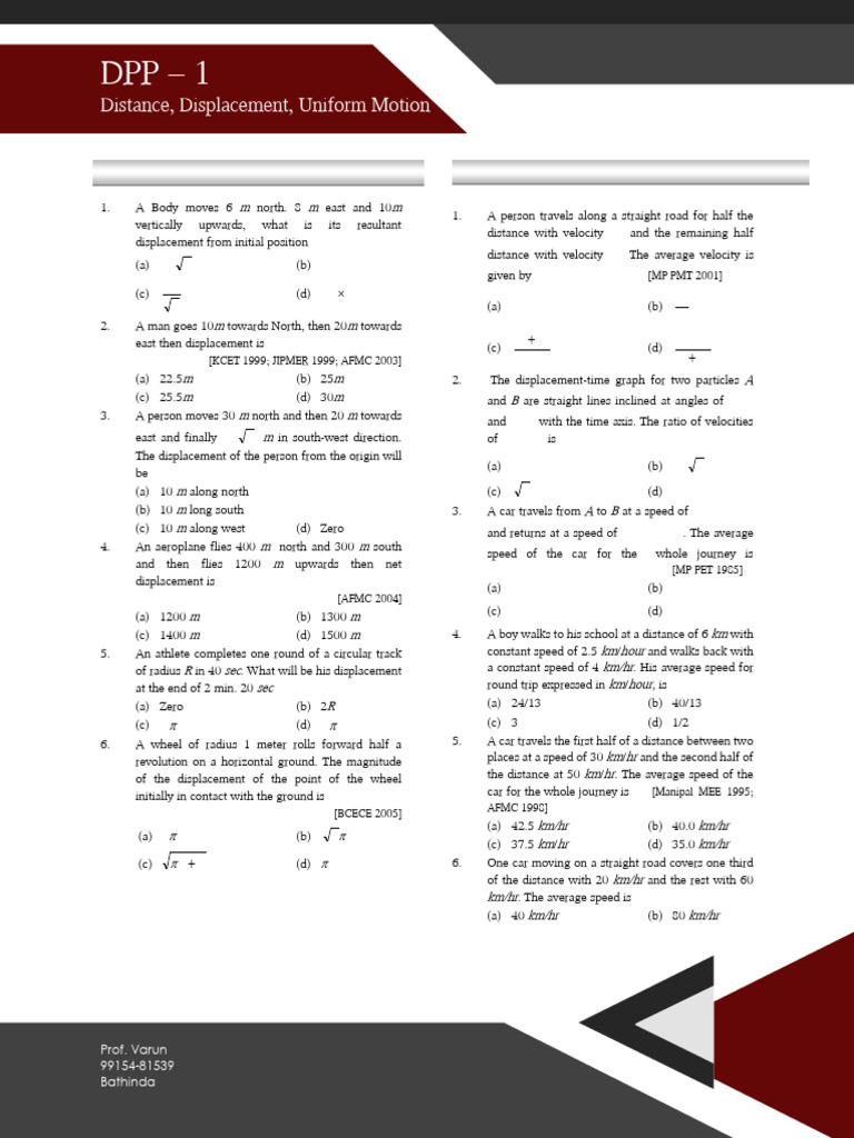 Distance, Displacement, Motion Problems | PDF | Acceleration | Velocity