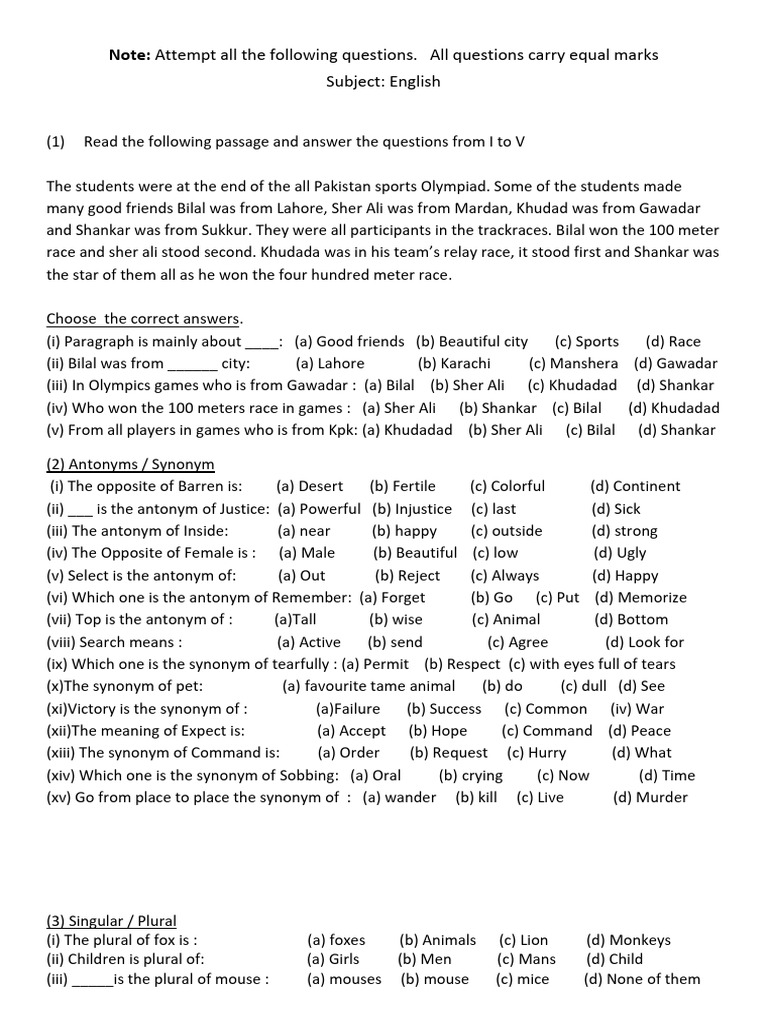 English, Maths, Science Test Class 5 One | PDF | Seed | Plural
