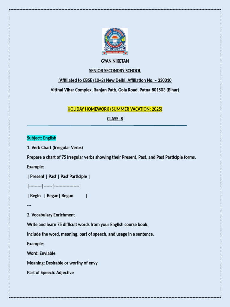 Summer Homework for Class 8 Students | PDF | Force | Pressure