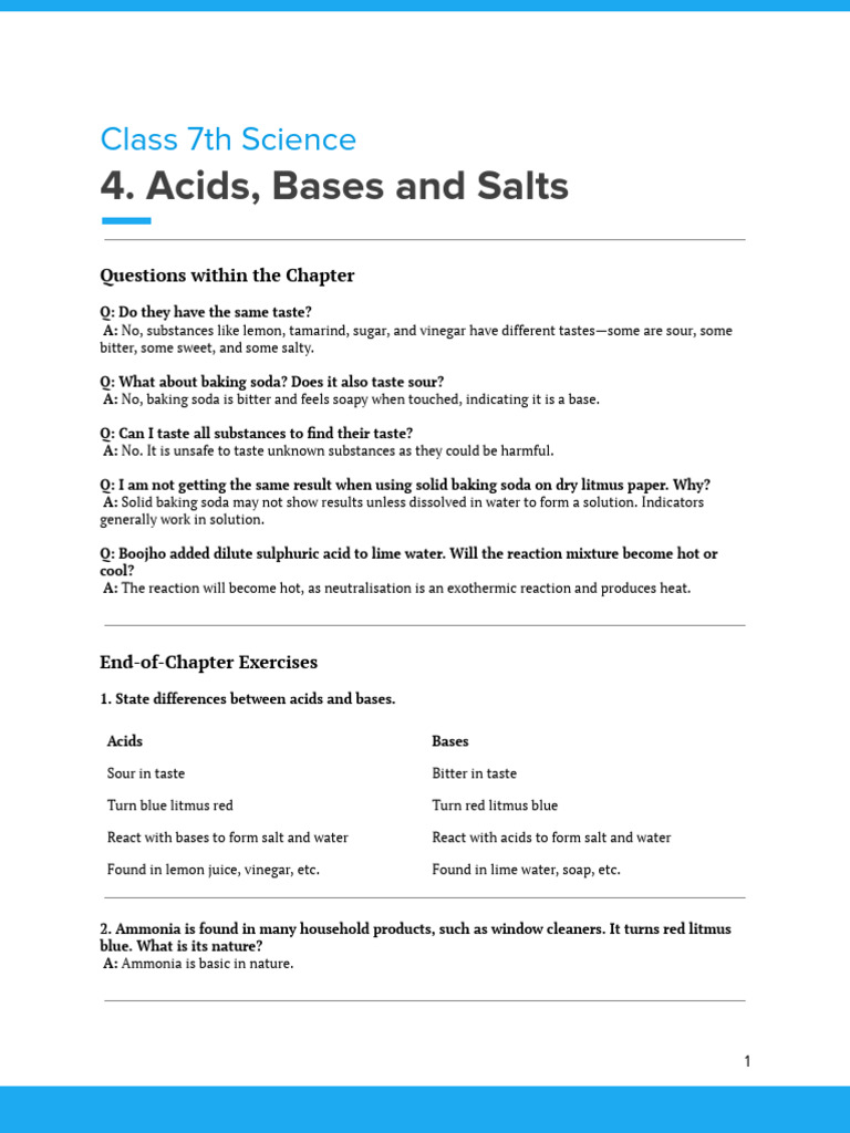 Class 7th Science-4. Acids, Bases and Salts | PDF | Taste | Acid