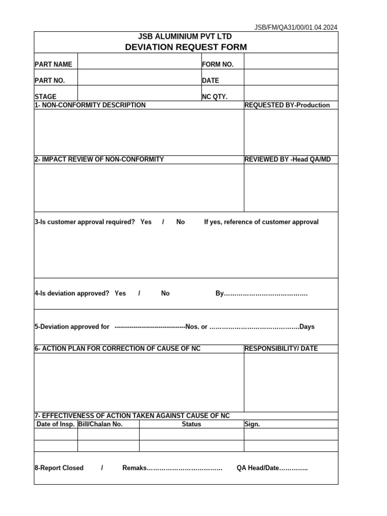 JSB Aluminium Deviation Request Form | PDF