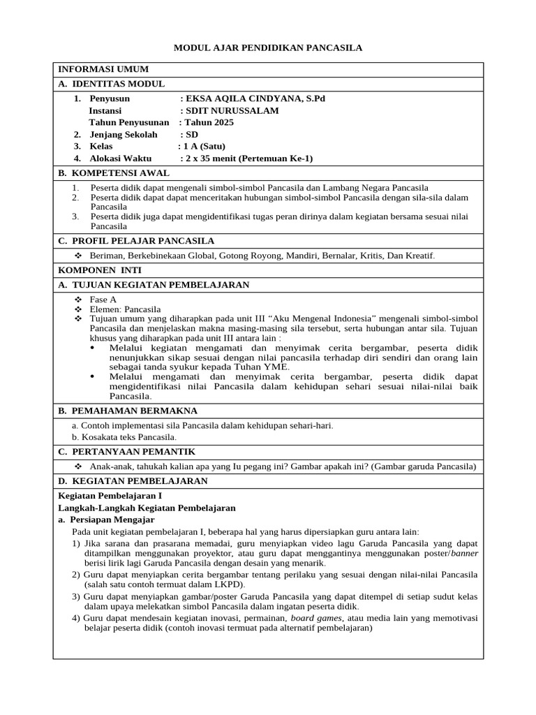 Modul Ajar Pancasila untuk Kelas 1 SD | PDF