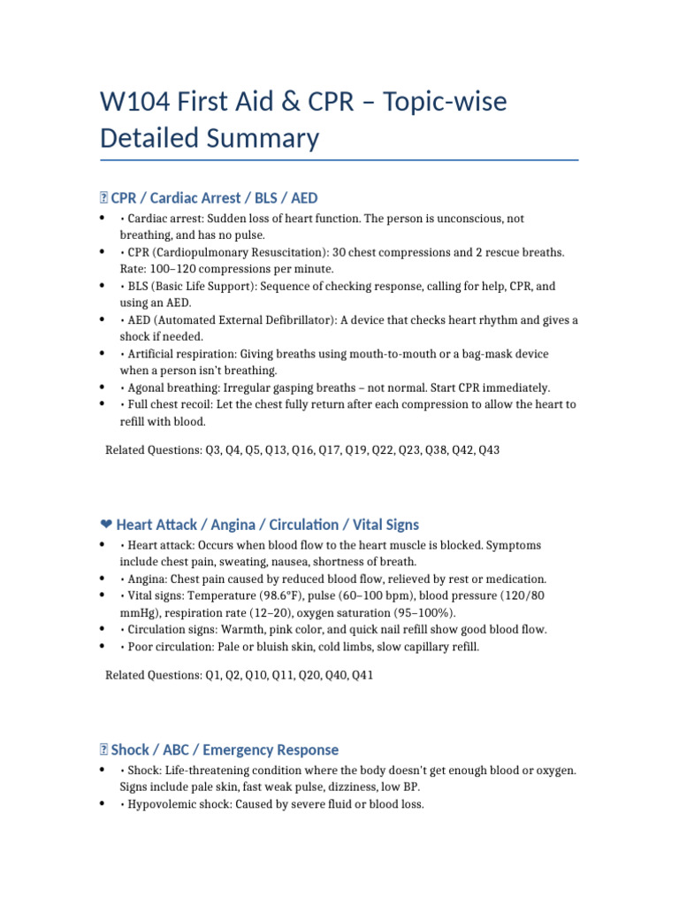 W104 First Aid Clean Topic Summary Updated | PDF | Cardiopulmonary ...
