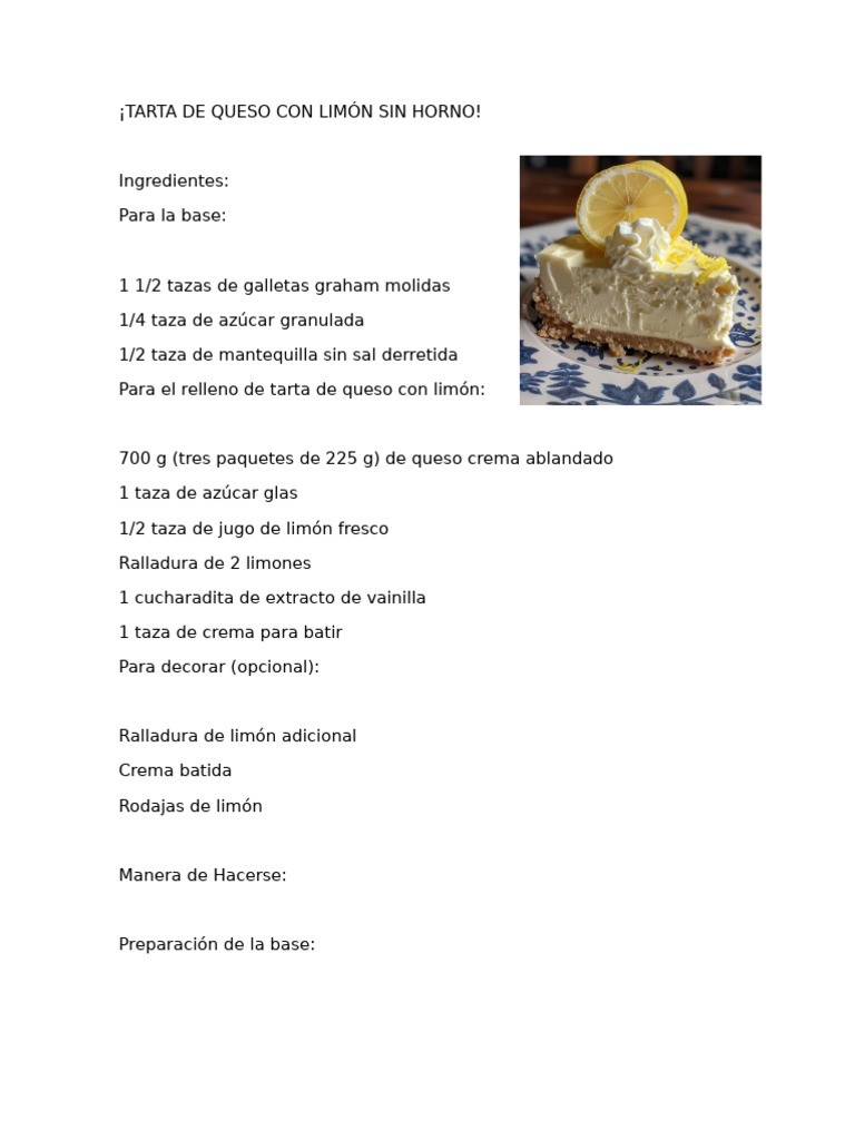 Tarta de Queso Con Limón Sin Horno | PDF