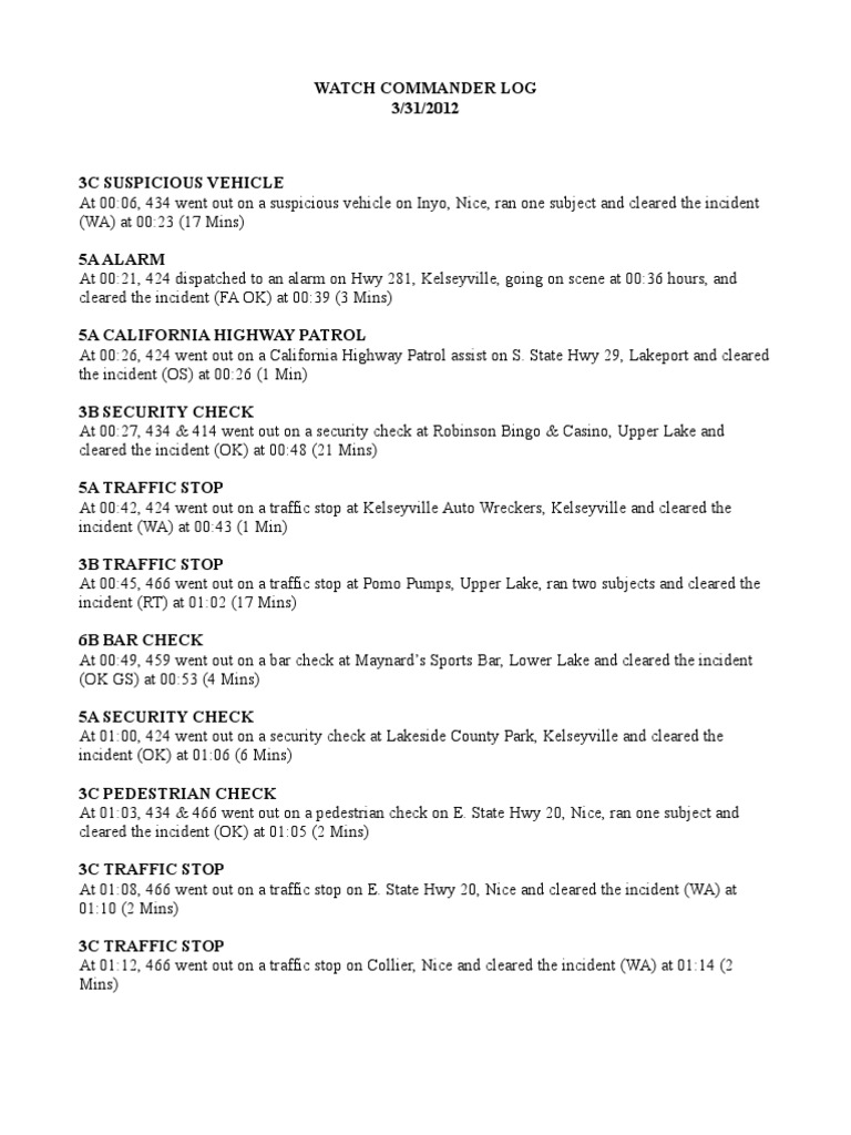 Lake County Sheriff's Watch Commander Logs | PDF | Traffic | Land Transport