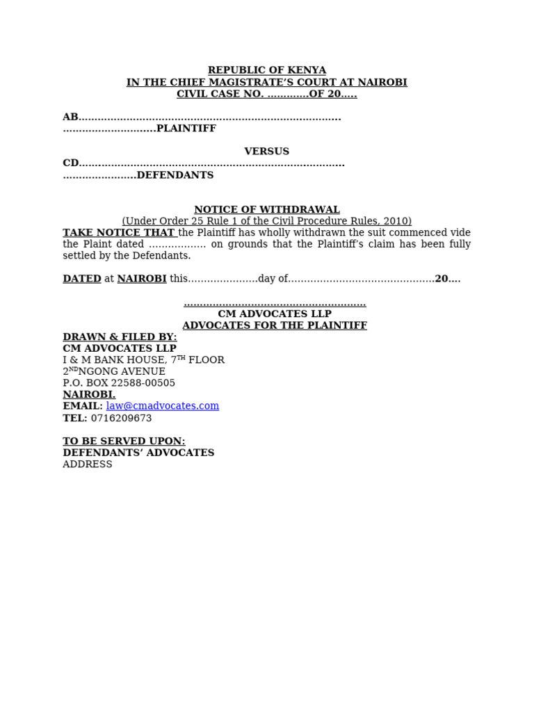 Notice of Withdrawal of Suit Kenya | PDF