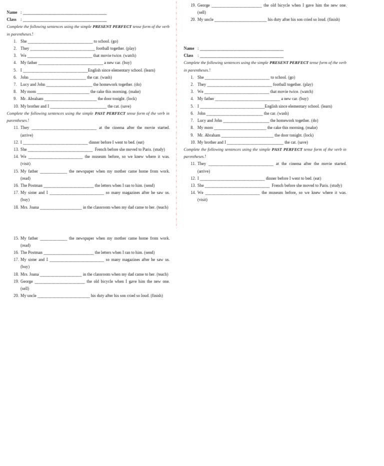 Present and Past Perfect Tense Exercises | PDF | Chess Openings | Chess ...