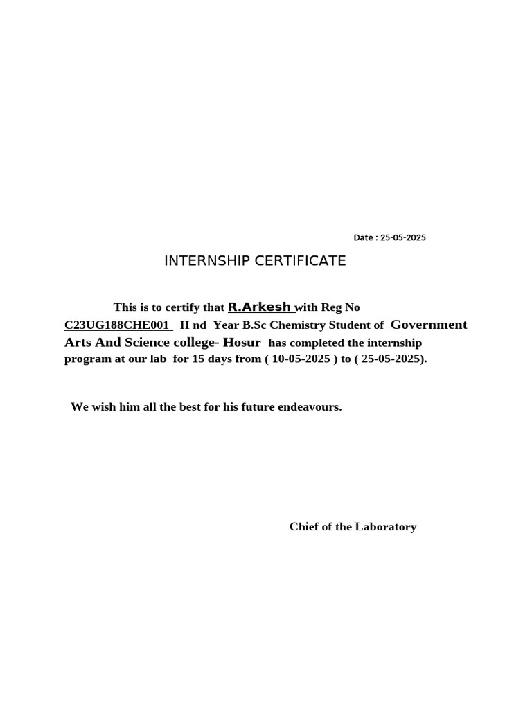 Internship Certificate for B.Sc Students | PDF