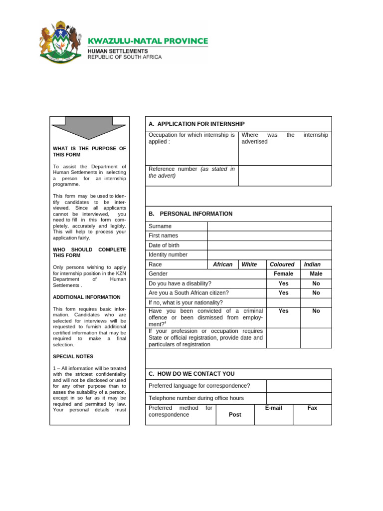 Internship Application Form For Dept of Human Settlements | PDF ...