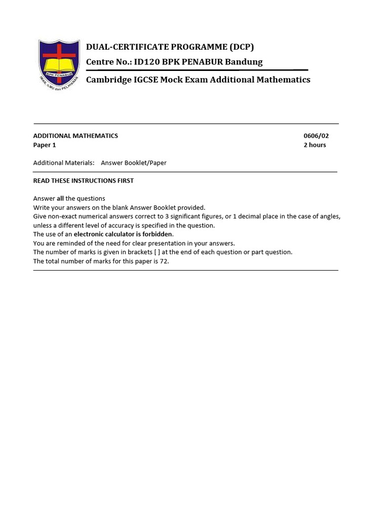 IGCSE Additional Mathematics Mock Exam | PDF | Logarithm | Mathematics