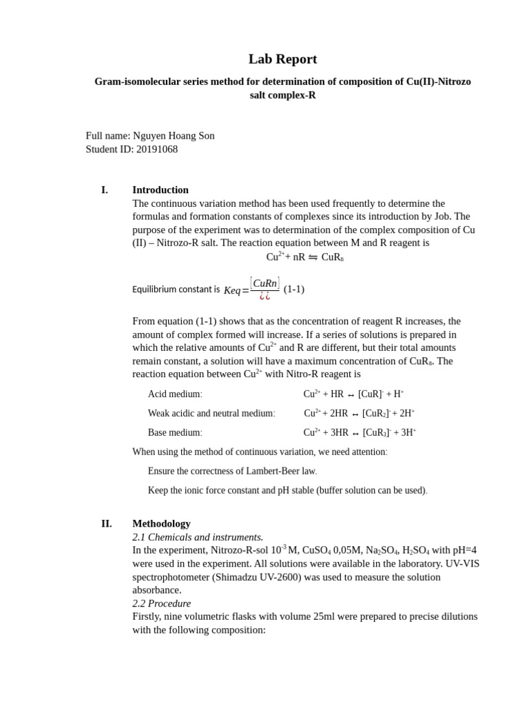 Determining Cu(II)-Nitrozo Complex Composition | PDF | Chemical ...