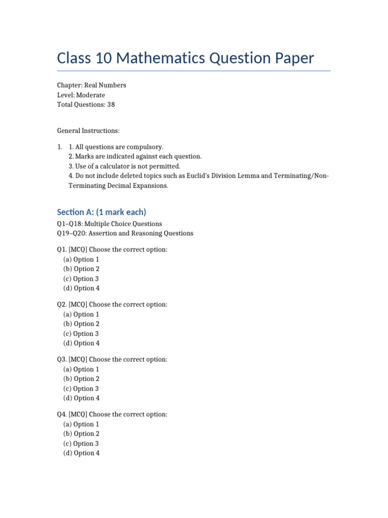 Class 10 Real Numbers Question Paper | PDF | Multiple Choice | Tests