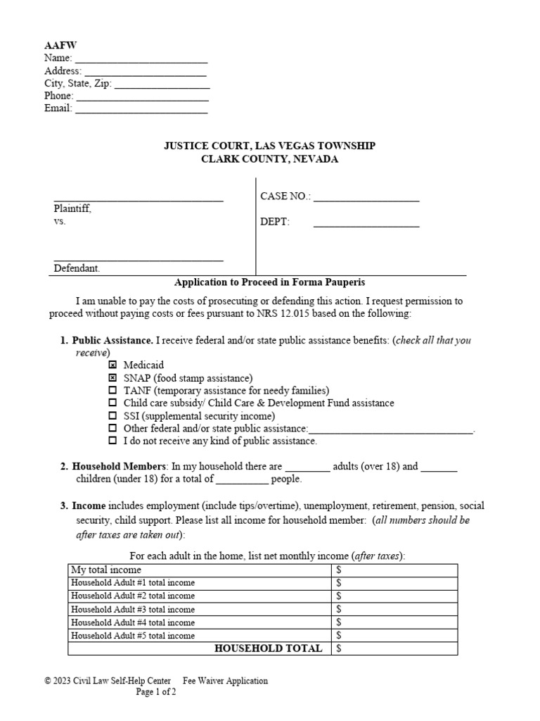 AFFW - Application To Proceed in Forma Pauperis Fee Waiver Req | PDF ...